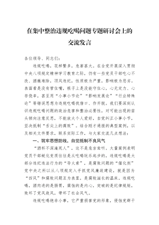 在集中整治违规吃喝问题专题研讨会上的交流发言.docx