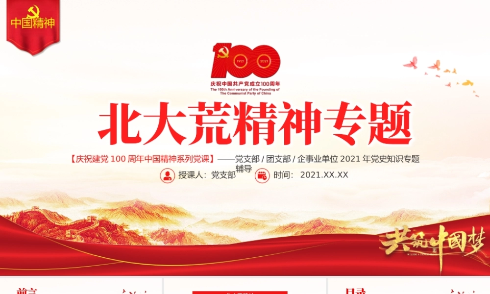 弘扬北大荒精神PPT建党100周年中国精神谱系艰苦奋斗勇于开拓顾全大局无私奉献发扬优良传统弘扬新风正气党课课件.pptx