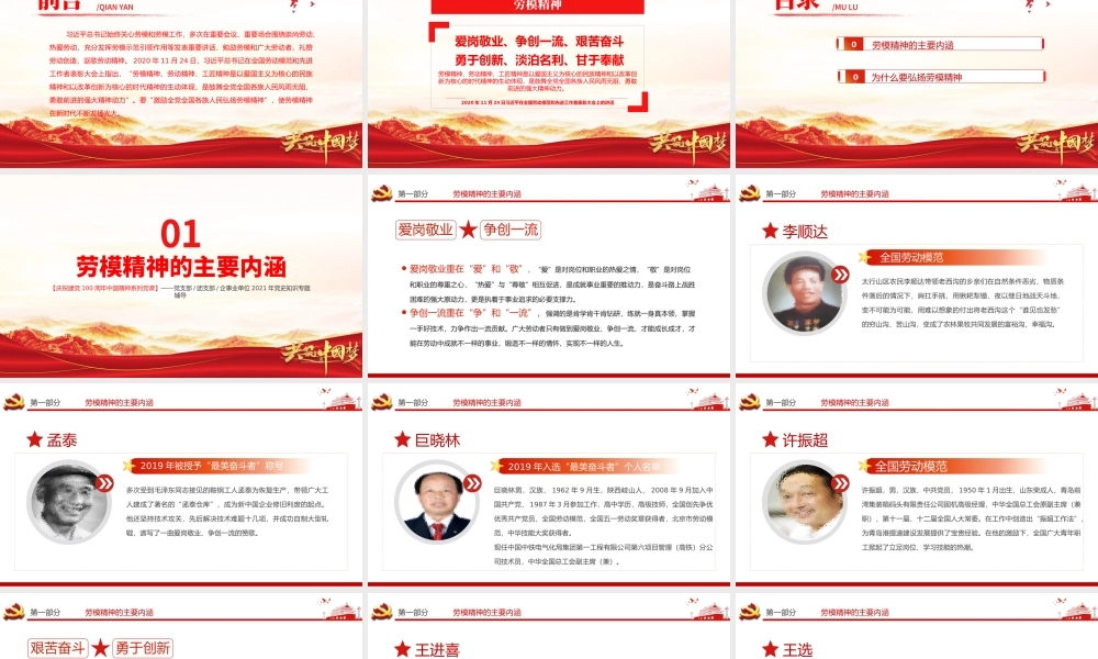 劳模精神PPT建党100周年中国精神谱系爱岗敬业争创一流艰苦奋斗勇于创新淡泊名利甘于奉献专题党课.pptx