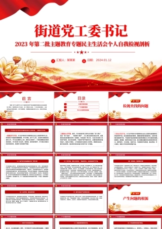 民主生活会自我检视剖析PPT红色实用街道党工委书记第二批主题教育个人发言材料.pptx