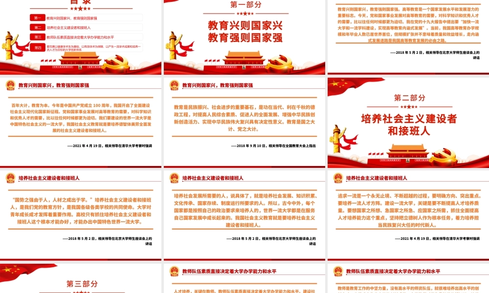相关领导强调加强“双一流”建设PPT红色大气风党员干部党史学习专题教育党课课件模板.pptx