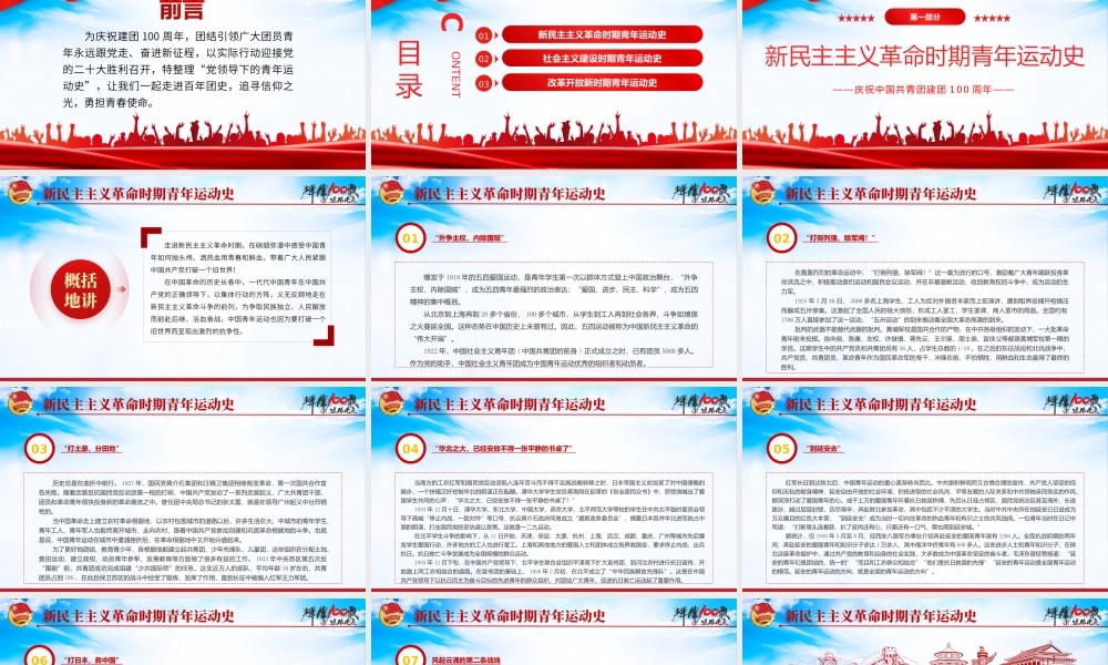 中国青年运动史PPT红色党建风中国共青团成立100周年弘扬五四精神挥洒热血青春专题团课.pptx