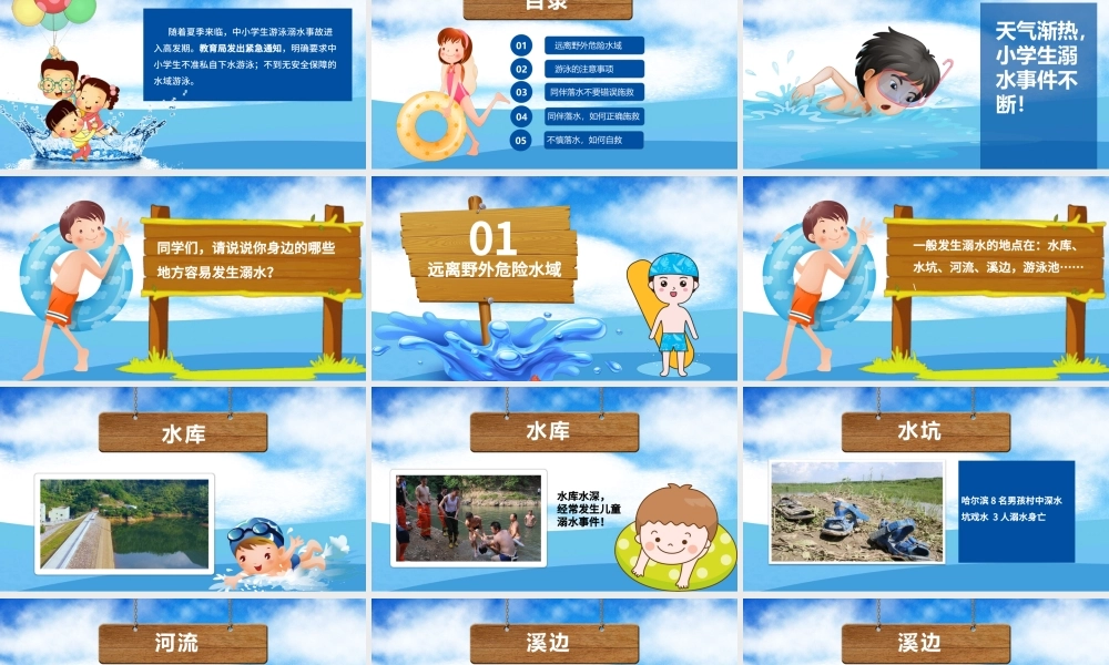 2020年卡通小学生安全教育游泳防溺水讲座PPT.pptx