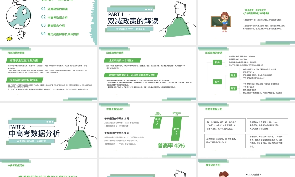 2021双减政策家长说明会PPT清新绿色减轻学生作业负担和压减学科类校外培训机构家长会沟通模板.pptx