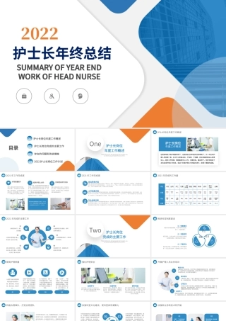 2022护士年终总结PPT橙蓝双色护士长年终工作总结汇报课件模板.pptx