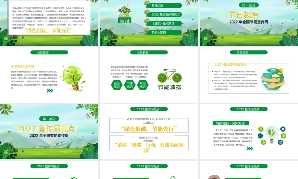2022节能宣传周PPT小清新绿色低碳节能先行落实双碳行动共建美丽家园节能主题班会模板.pptx