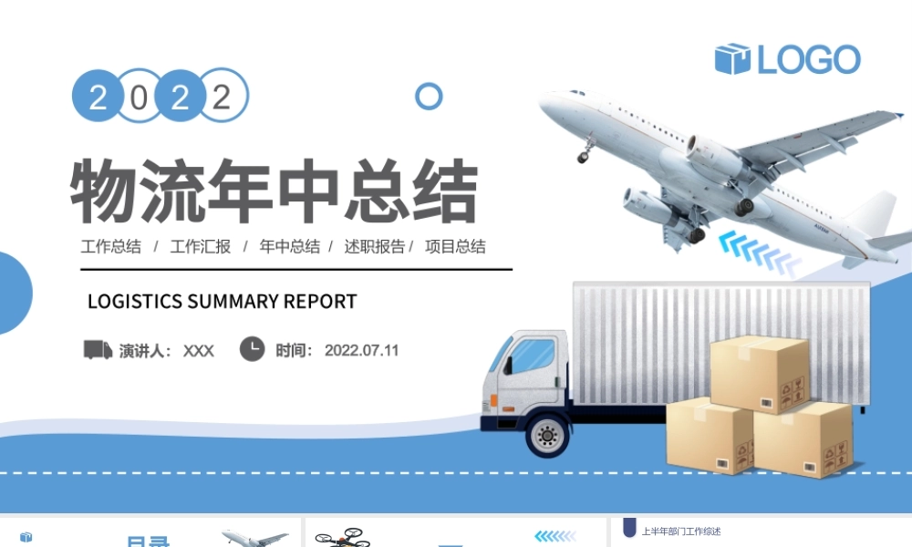 2022物流行业年中总结计划PPT蓝色沉静简洁风物流部经理物流公司下半年工作计划述职报告.pptx
