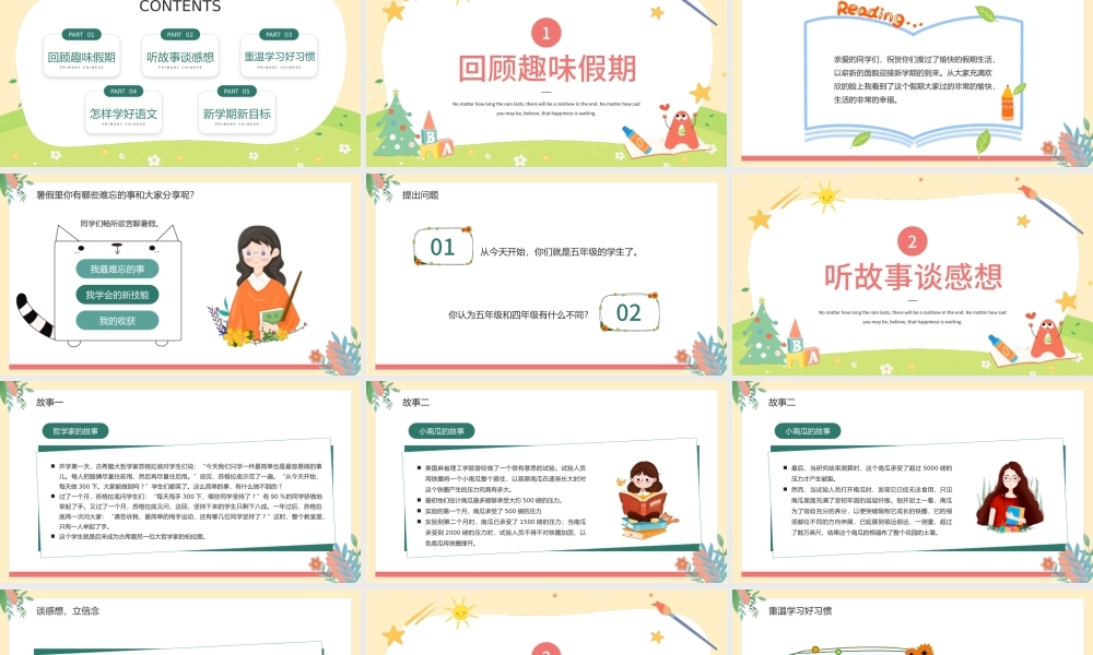 2022小学语文开学第一课PPT绿色清新风回顾趣味假期主题班会课件模板.pptx