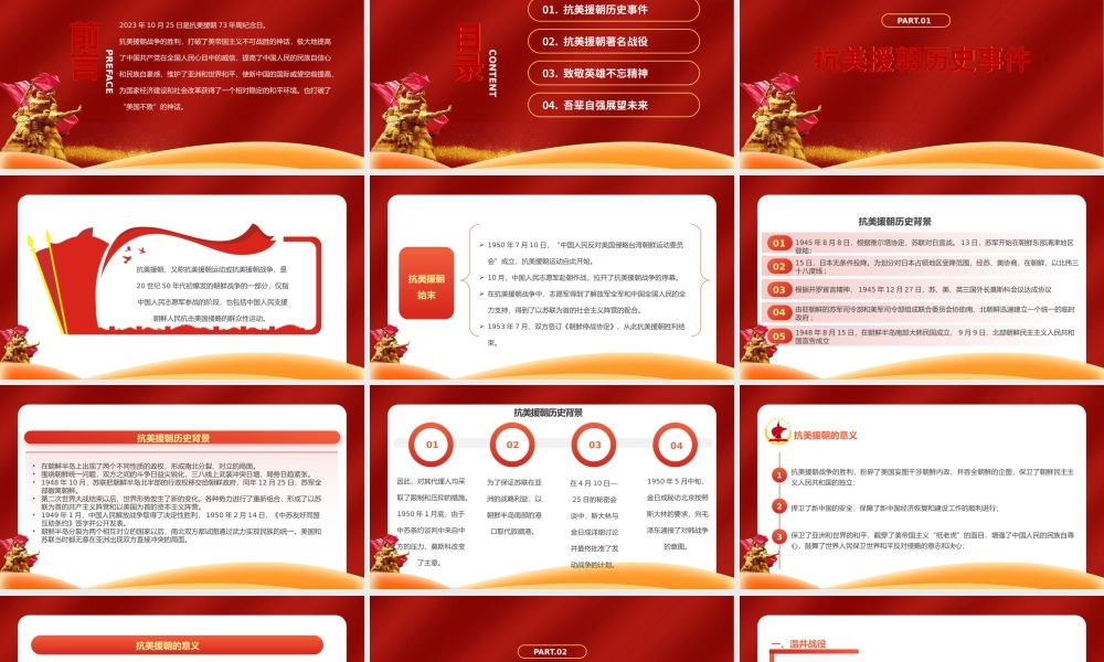 2023抗美援朝73周年纪念日PPT红色简约风纪念中国人民志愿军抗美援朝73周年专题课件模板下载.pptx
