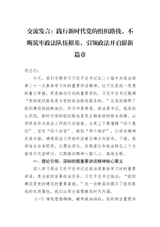 交流发言：践行新时代党的组织路线，不断筑牢政法队伍根基，引领政法开启崭新篇章.docx