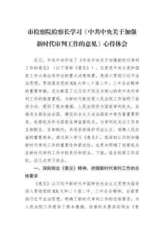 市检察院检察长学习《中共中央关于加强新时代审判工作的意见》心得体会.docx