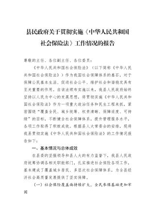 县民政府关于贯彻实施《中华人民共和国社会保险法》工作情况的报告.docx