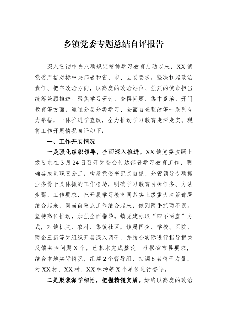乡镇党委专题总结自评报告.docx_第1页