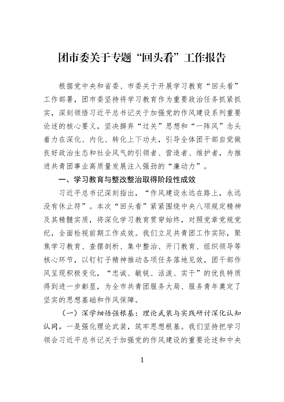 团市委关于专题“回头看”工作报告.docx_第1页