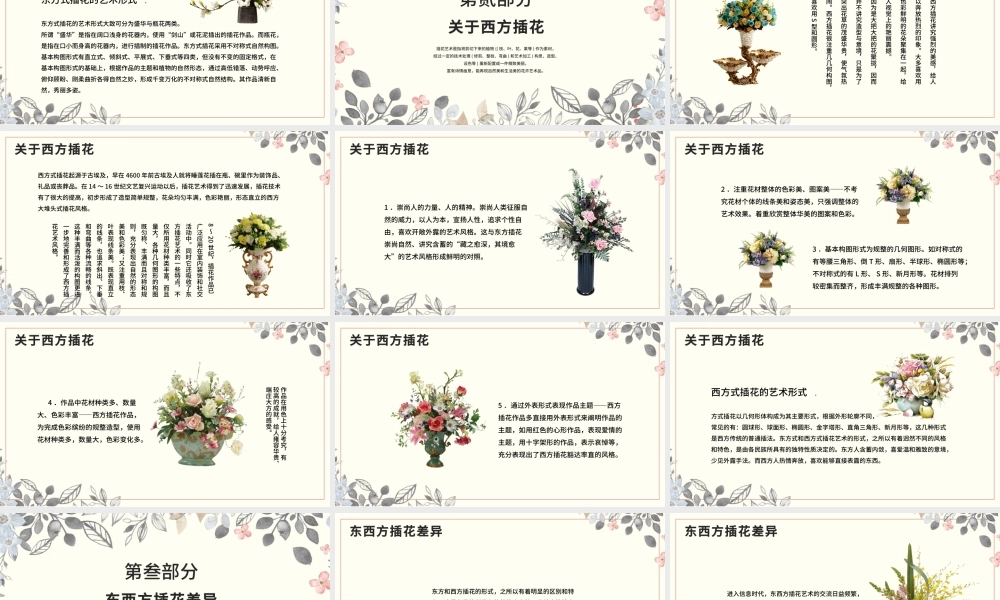 创意手绘植物鲜花之浅析东西方插花艺术PPT模板.pptx
