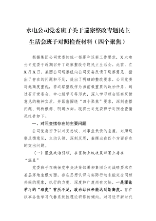 水电公司党委班子关于巡察整改专题民主生活会班子对照检查材料（四个聚焦）.docx