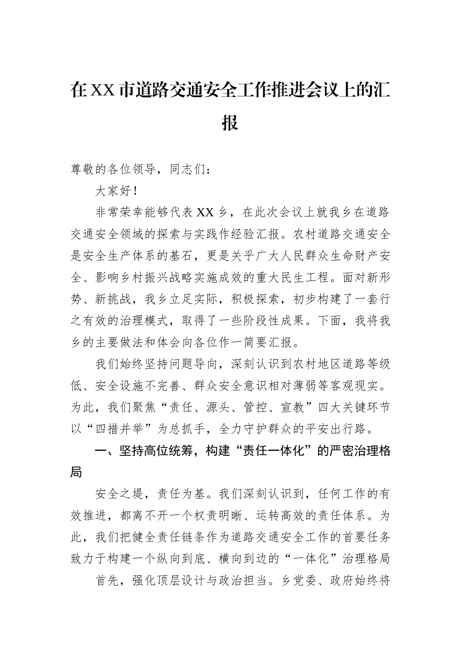 在XX市道路交通安全工作推进会议上的汇报.docx_第1页