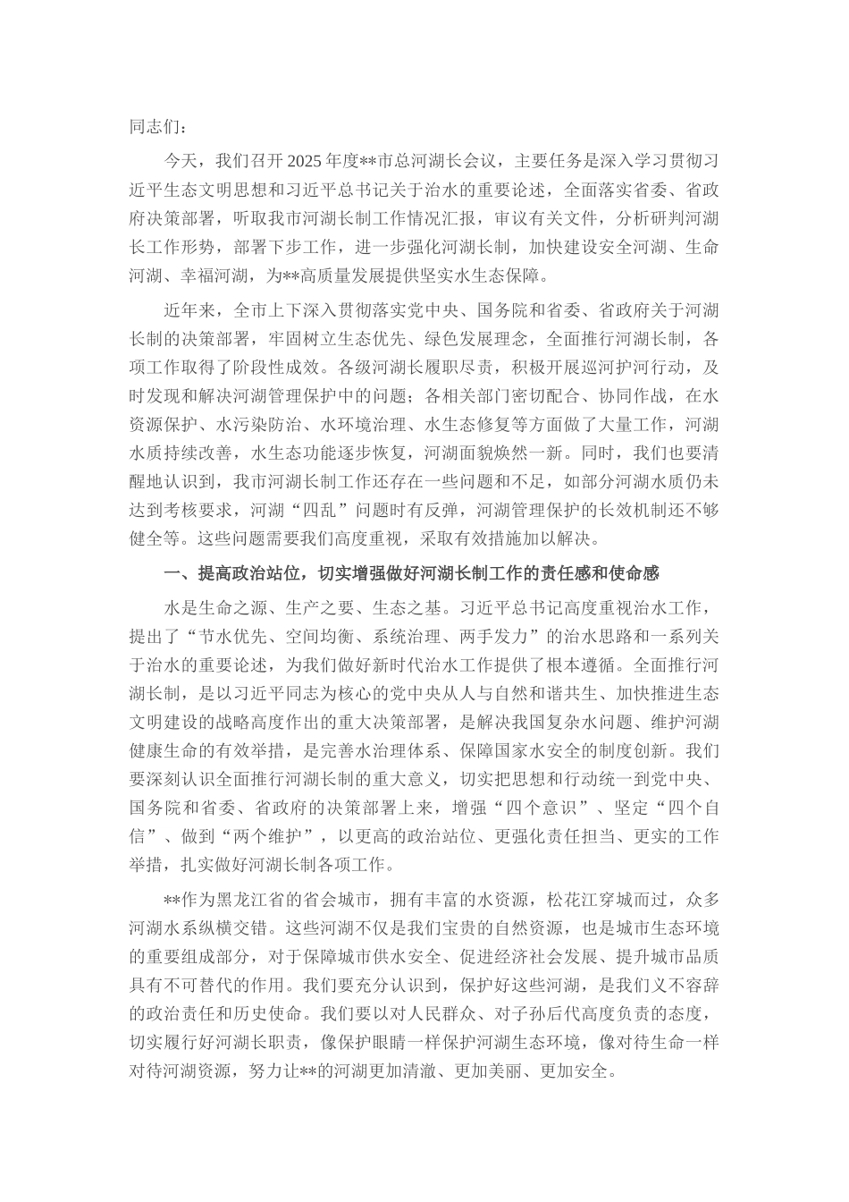 在2025年全市总河湖长会议上的讲话.docx_第1页