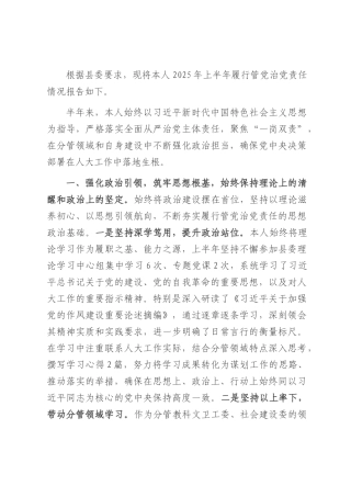 人大副主任2025年上半年个人履行管党治党责任的情况报告.docx