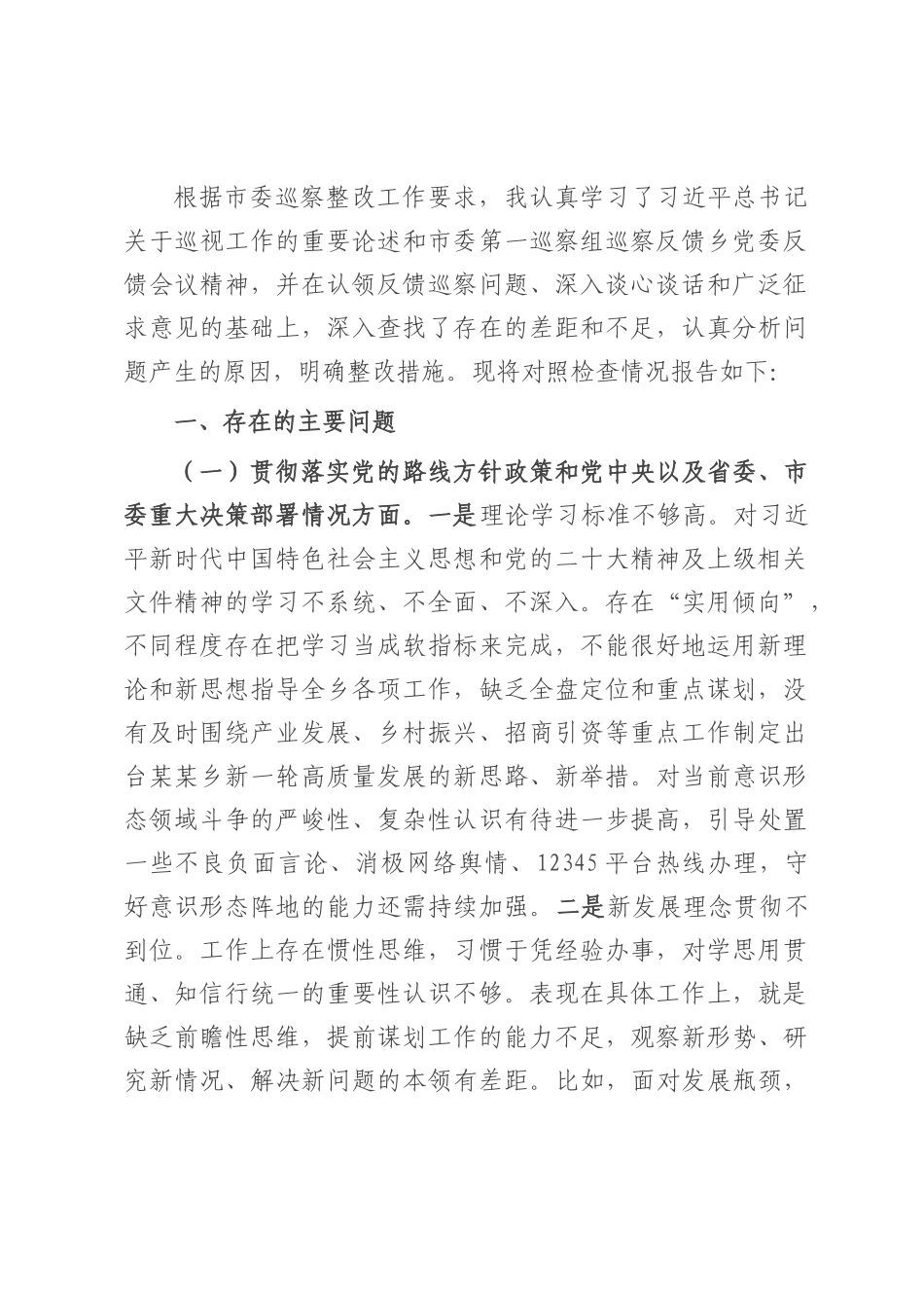 乡长2025年巡察整改专题民主生活会个人发言提纲.docx_第1页