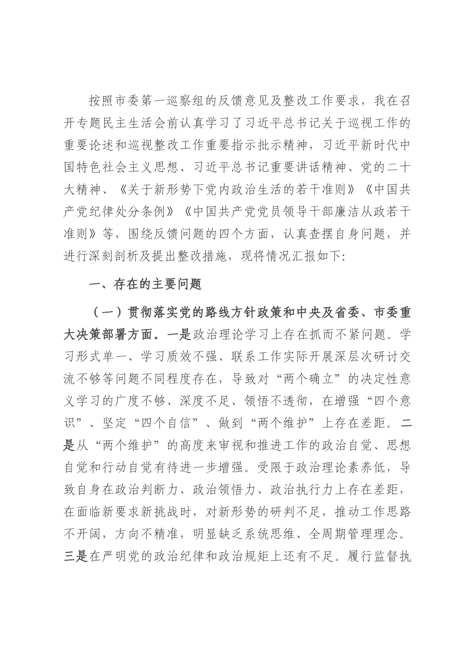 25年乡纪委书记巡察整改专题民主生活会个人发言提纲.docx_第1页