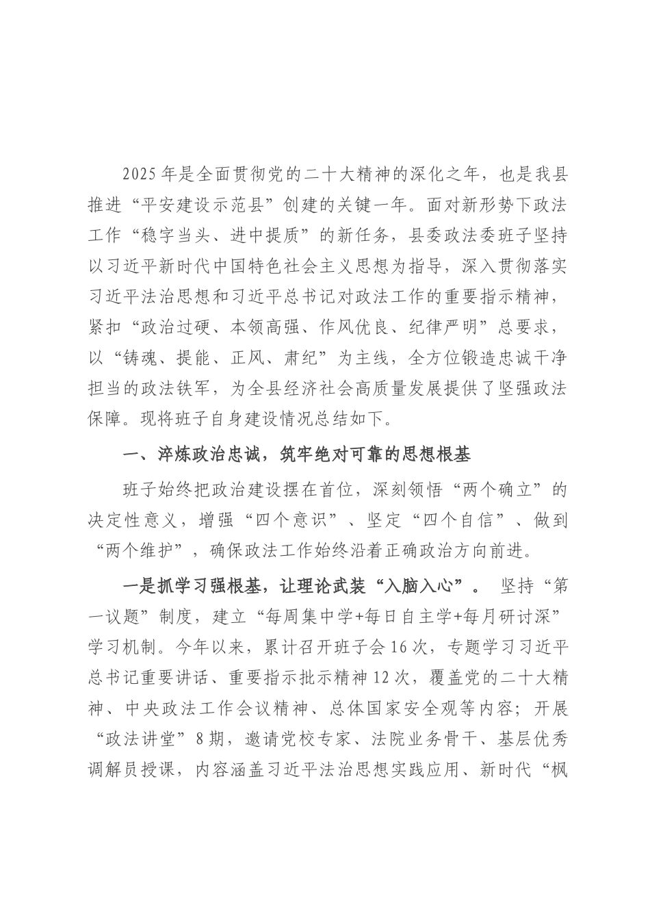 2025年县委政法委班子自身建设情况报告.docx_第1页