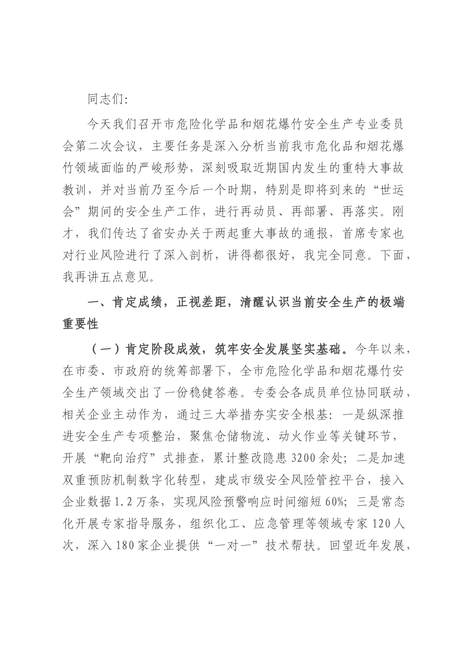 在2025年全市危险化学品和烟花爆竹安全生产专委会会议上的讲话.docx_第1页