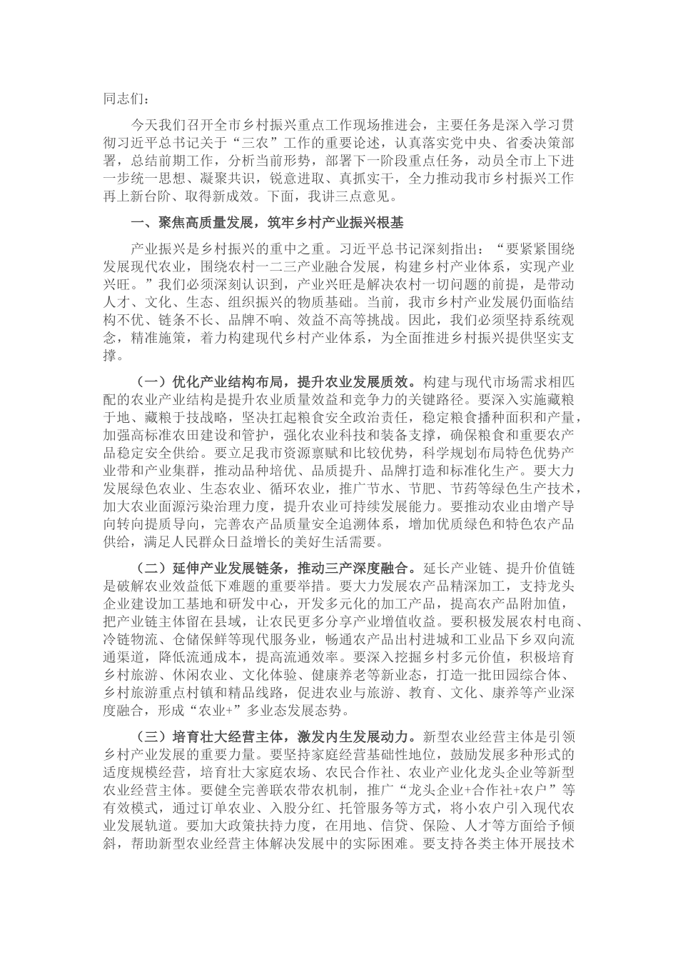 在2025年全市乡村振兴重点工作现场推进会上的讲话.docx_第1页