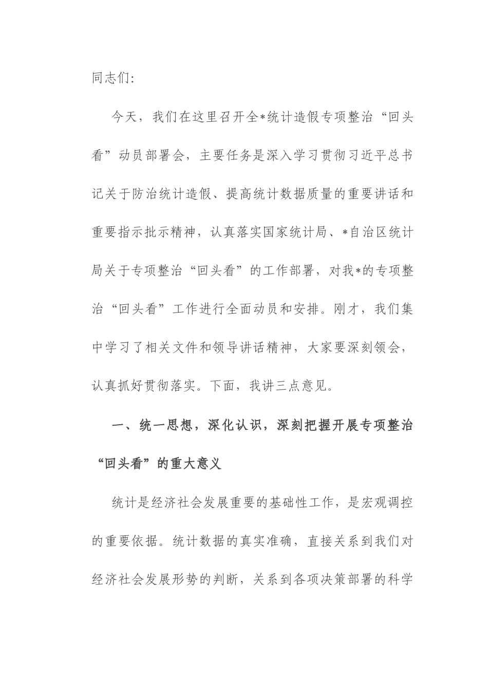 在2025年统计局统计造假专项整治“回头看”动员部署会上的讲话.docx_第1页