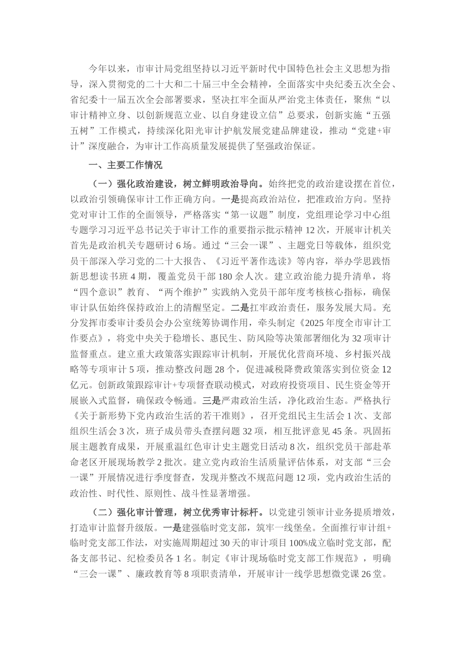 市审计局党组2025年上半年履行全面从严治党主体责任工作情况的报告.docx_第1页