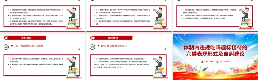 精美简洁体制内违规吃喝超标接待的六类表现形式及自纠建议PPT课件.pptx