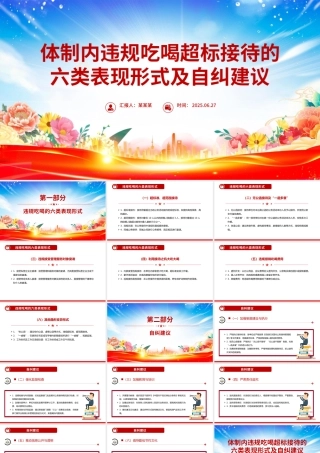 精美简洁体制内违规吃喝超标接待的六类表现形式及自纠建议PPT课件.pptx