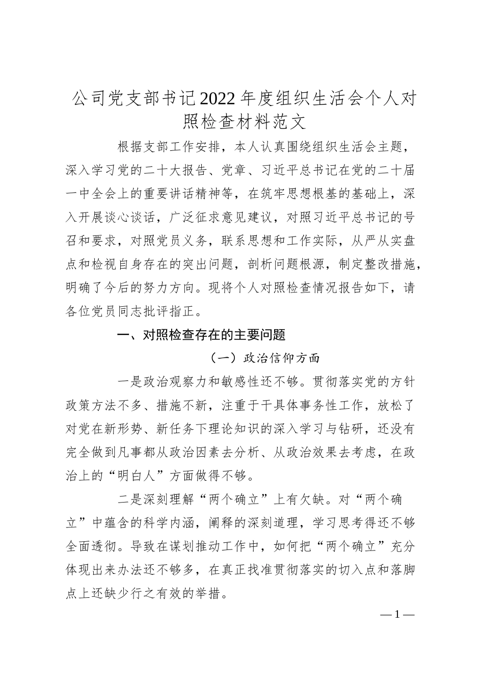 公司党支部书记20XX年度组织生活会个人对照检查材料（六个方面，信仰、意识方面，集团企业，检视剖析，发言提纲）.docx_第1页