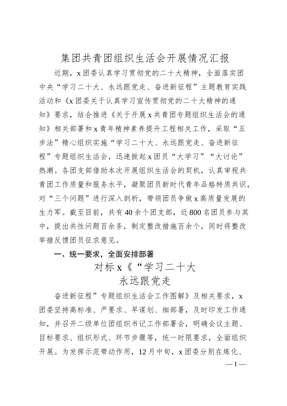 公司共青团20XX年组织生活会开展情况汇报.docx_第1页