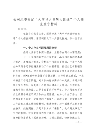 公司纪委书记“大学习大调研大改进”个人摆查发言材料.docx