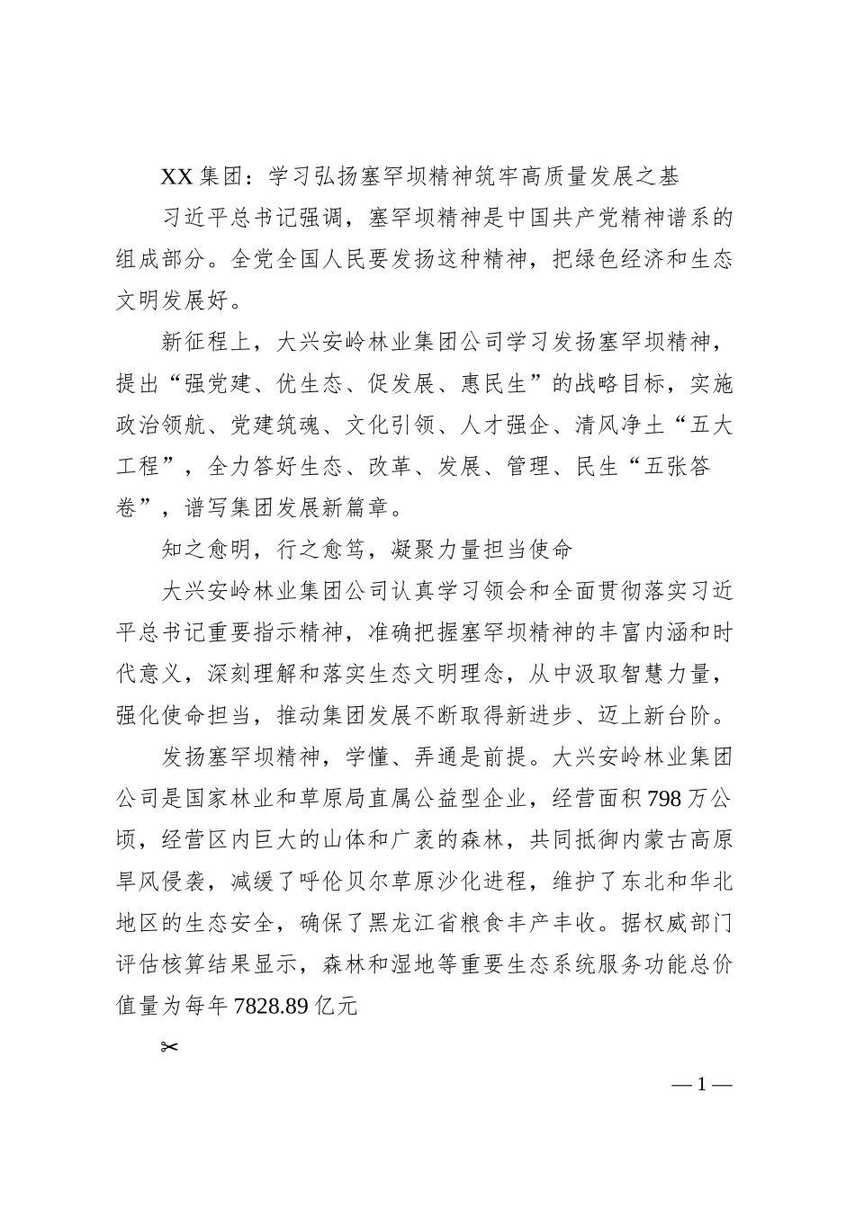 XX集团：学习弘扬塞罕坝精神 筑牢高质量发展之基.docx_第1页