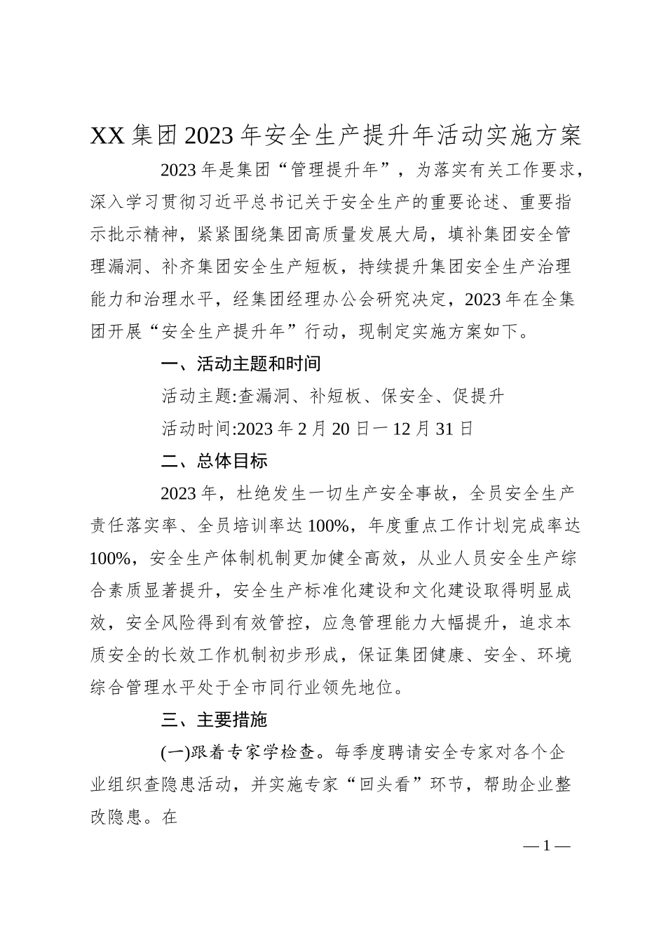 XX集团20XX年安全生产提升年活动实施方案.docx_第1页