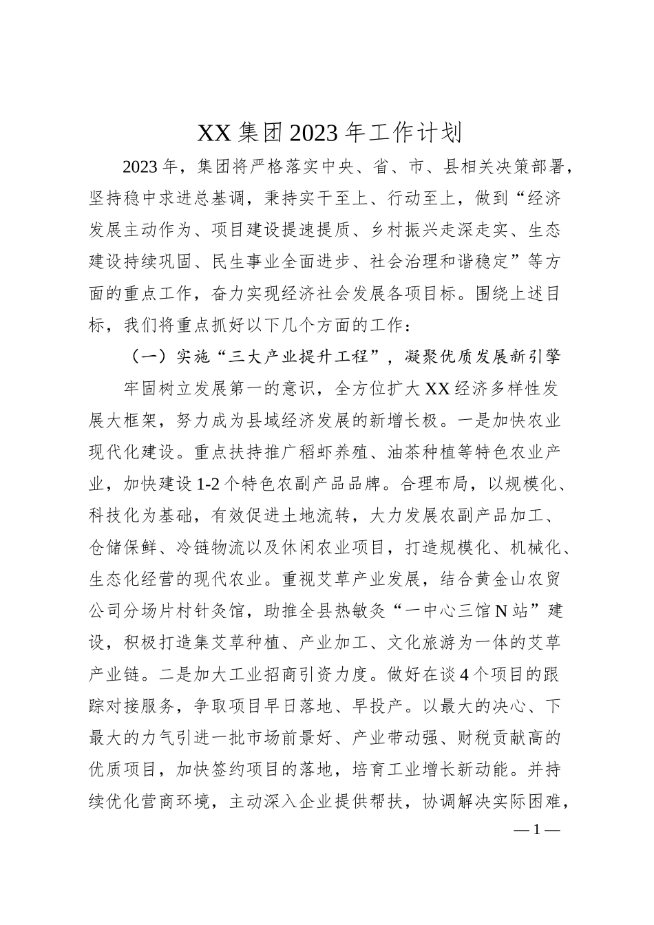 XX集团20XX年工作计划.docx_第1页