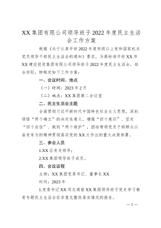XX集团有限公司领导班子20XX年度民主生活会工作方案.docx