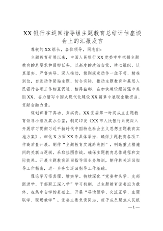 XX银行在巡回指导组主题教育总结评估座谈会上的汇报发言.docx