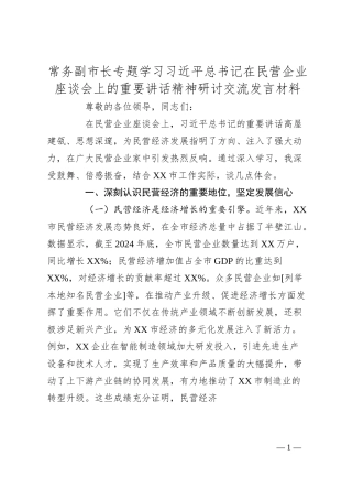 常务副市长专题学习总书记在民营企业座谈会上的重要讲话精神研讨交流发言材料.docx
