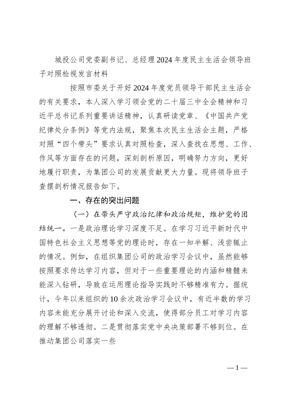 城投公司党委副书记、总经理2024年度民主生活会领导班子对照检视发言材料（四个带头+违纪行为典型案例剖析）.docx_第1页
