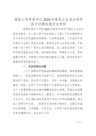 城投公司党委书记2024年度民主生活会领导班子对照检视发言材料（四个带头+违纪行为典型案例剖析）.docx