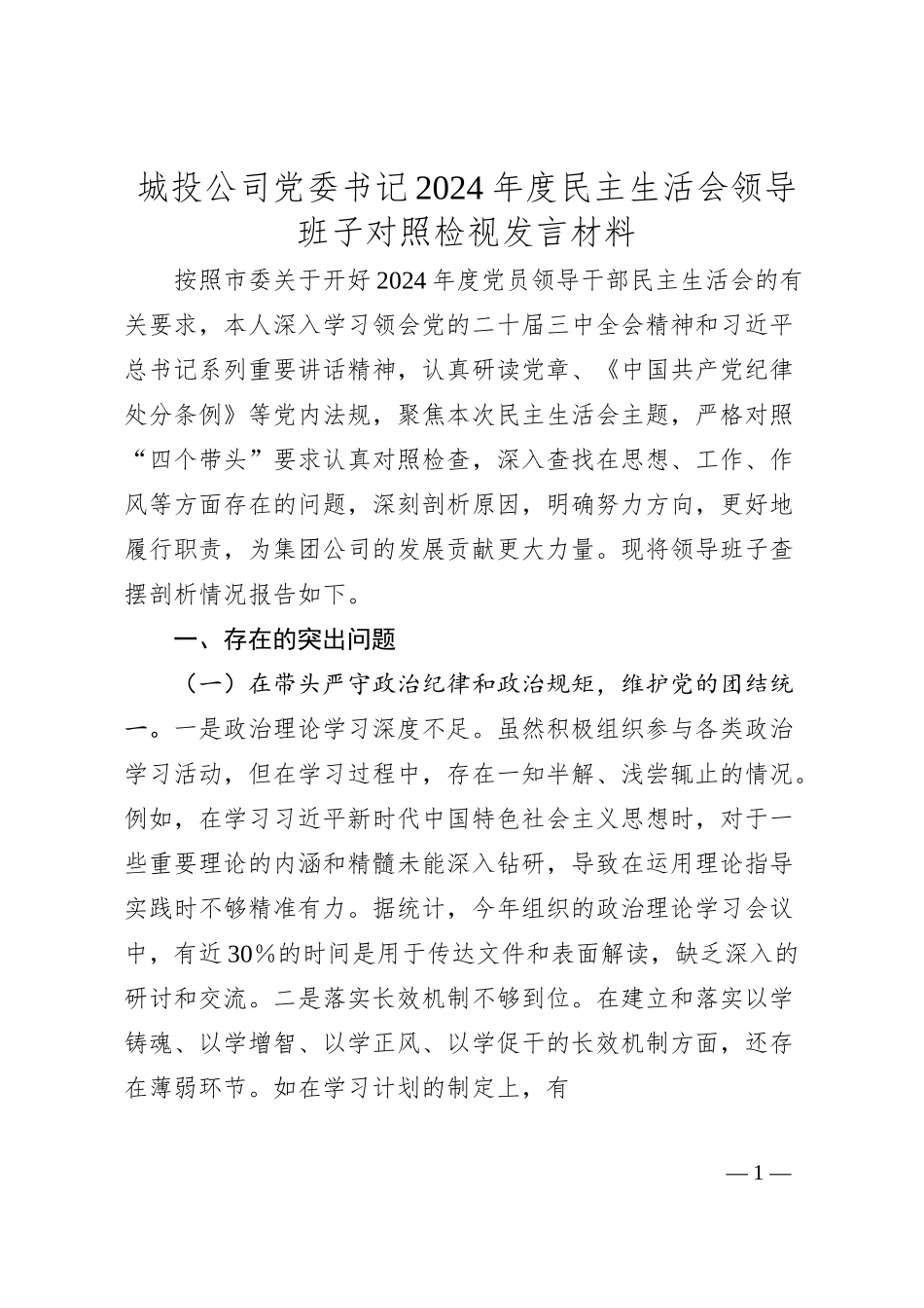 城投公司党委书记2024年度民主生活会领导班子对照检视发言材料.docx_第1页