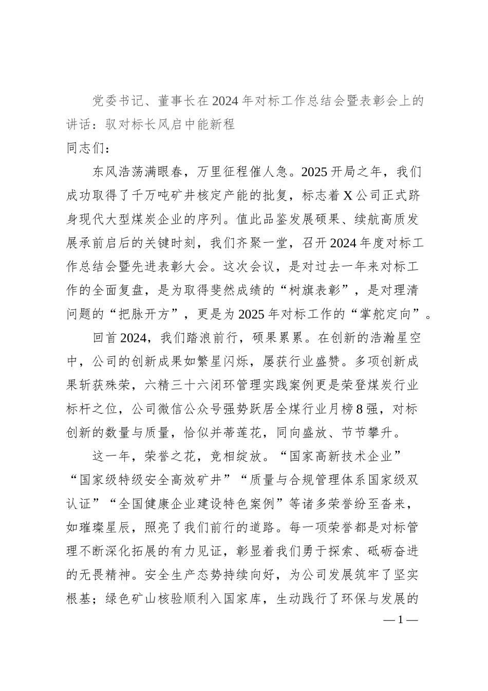 党委书记、董事长在2024年对标工作总结会暨表彰会上的讲话：驭对标长风启中能新程.docx_第1页