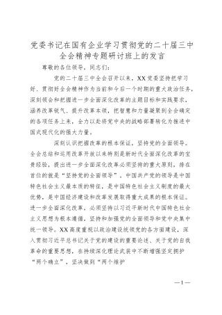 党委书记在国有企业学习贯彻党的二十届三中全会精神专题研讨班上的发言.docx