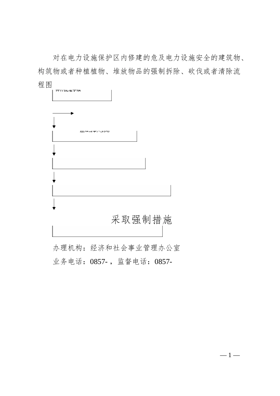 对在电力设施保护区内修建的危及电力设施安全的建筑物、构筑物或者种植植物、堆放物品的强制拆除、砍伐或者清除流程图.docx_第1页
