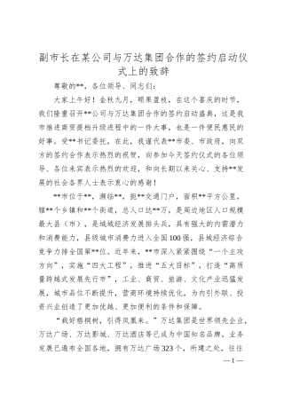 副市长在某公司与万达集团合作的签约启动仪式上的致辞.docx