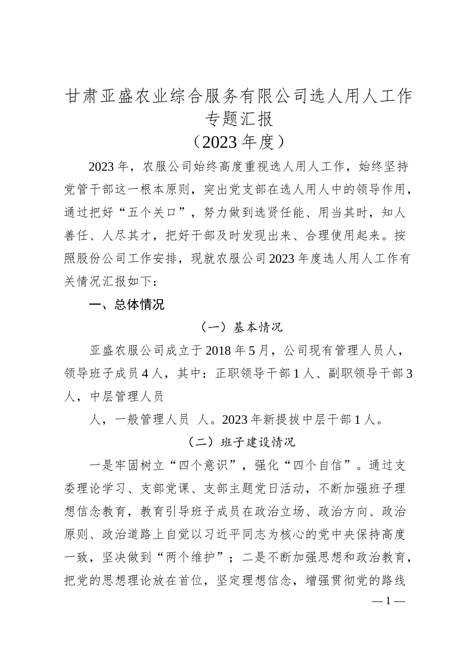 甘肃亚盛农业综合服务有限公司选人用人工作专题汇报.docx_第1页