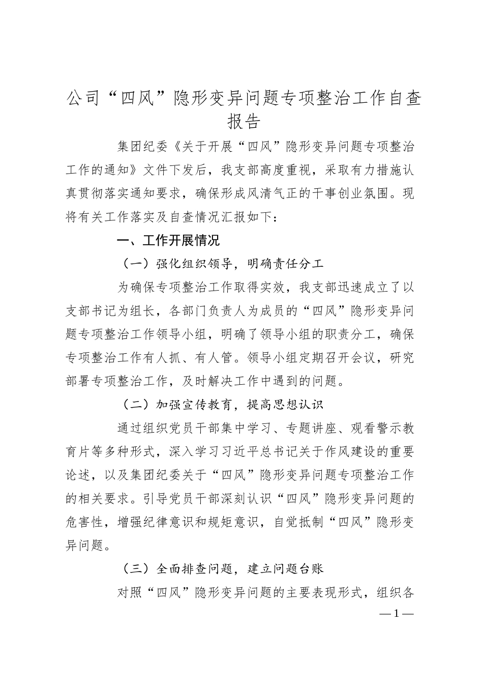公司“四风”隐形变异问题专项整治工作自查报告.docx_第1页